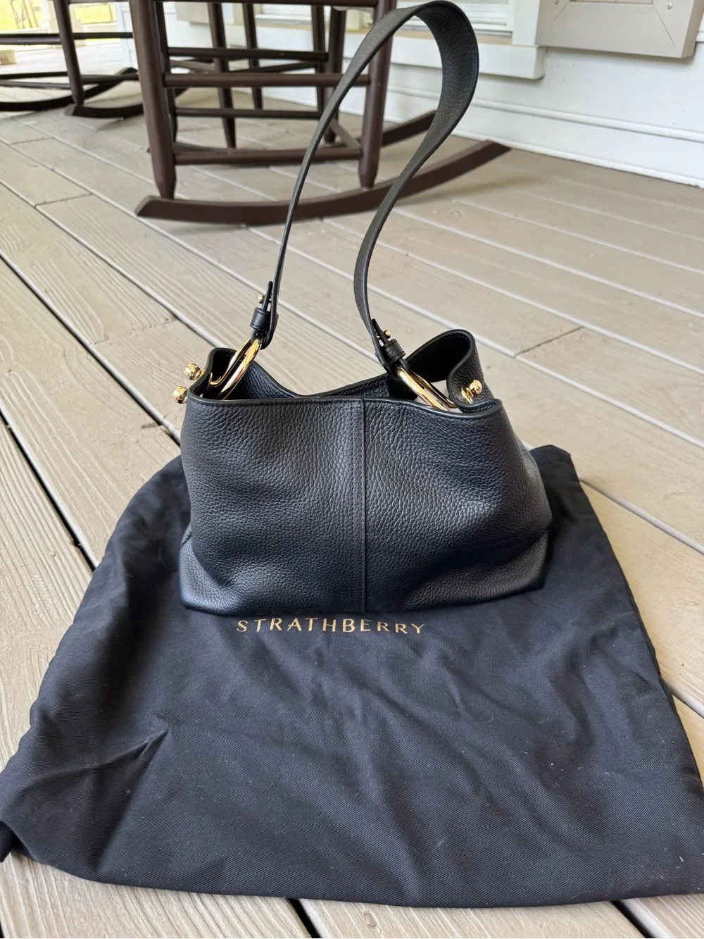 Strathberry Black Pebbled Leather Shoulder Hobo with Gold Hardware